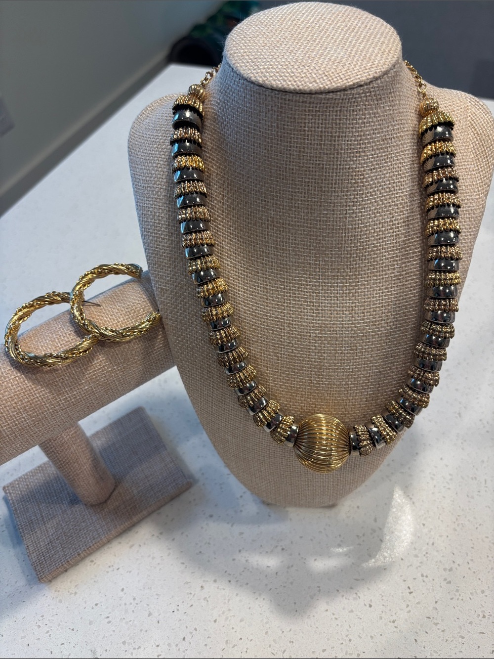 Vintage 1980s Style Two Tone Statement Necklace & Hoop Earrings Set Chunky Retro